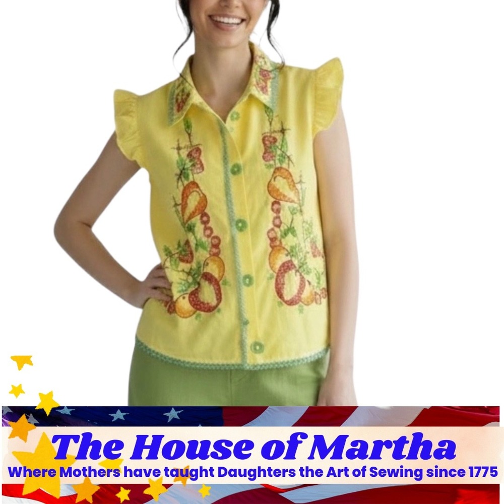 Vintage Yellow Fruit Embroidered Ruffle Sleeve‎ Button Up Blouse Lace Trim Top